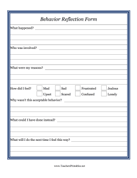 Behavior Reflection Form Teachers Printable