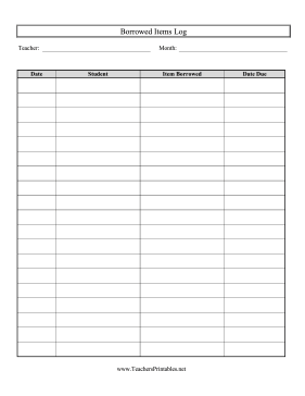 Borrowed Items Log Teachers Printable