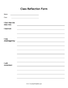 Class Reflection Form Teachers Printable