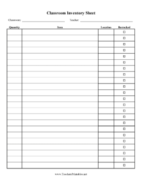 Classroom Inventory Sheet Teachers Printable