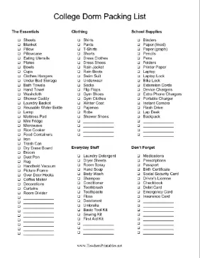 College Dorm Packing List Teachers Printable