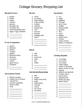 College Grocery Shopping List Teachers Printable