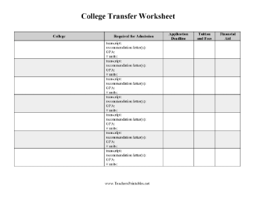 College Transfer Worksheet Teachers Printable