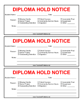 Diploma Hold Notice Teachers Printable