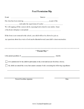 Food Permission Slip Teachers Printable