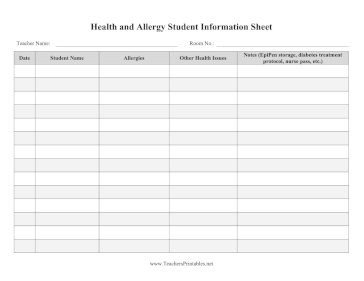Health And Allergy Student Information Sheet Teachers Printable