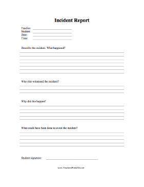 Incident Report Teachers Printable
