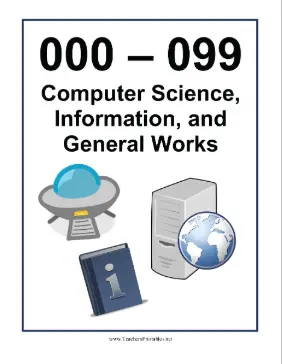 Library Sign 000 to 099 Teachers Printable