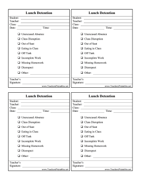 Lunch Detention Slip Teachers Printable