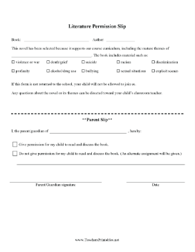 Mature Literature Permission Slip Teachers Printable