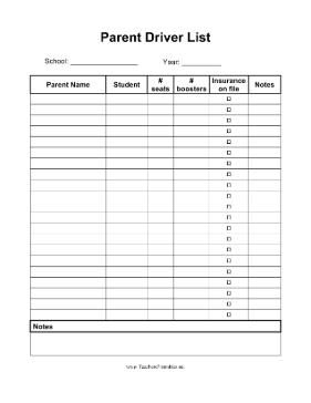 Parent Driver List Teachers Printable