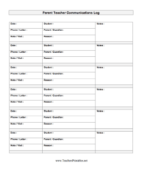 Parent Teacher Communications Log Teachers Printable