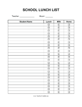 School Lunch List Teachers Printable