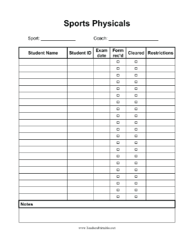 Student Sports Physical Tracker Teachers Printable
