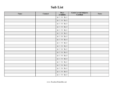 Substitute Teacher Availability List Teachers Printable