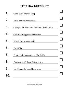 Test Day Checklist Teachers Printable