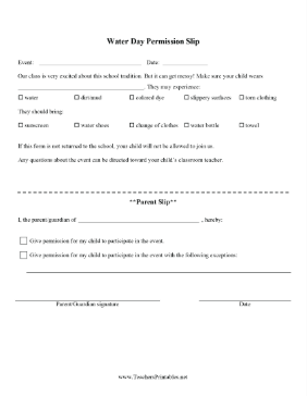 Water Day Permission Slip Teachers Printable